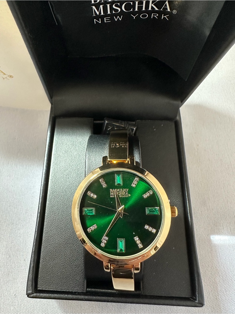 Badgley Mischka Gold Tone Watch with Emerald Green Dial